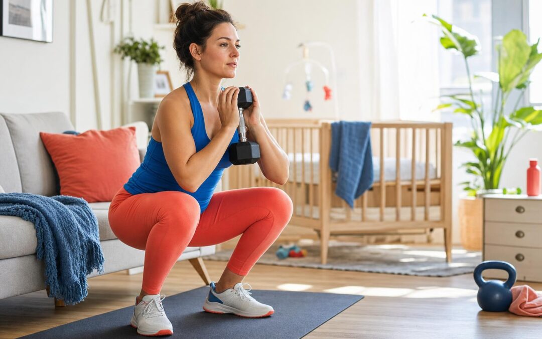 Vrouw die thuis rustig haar eerste krachtsessie met dumbbell doet na haar bevalling
