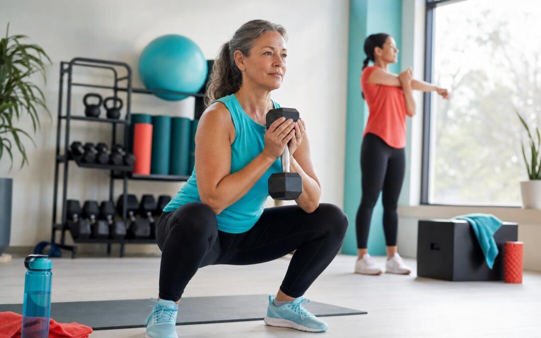 Vrouw doet rustig een goblet squat in de sportschool tijdens de perimenopauze
