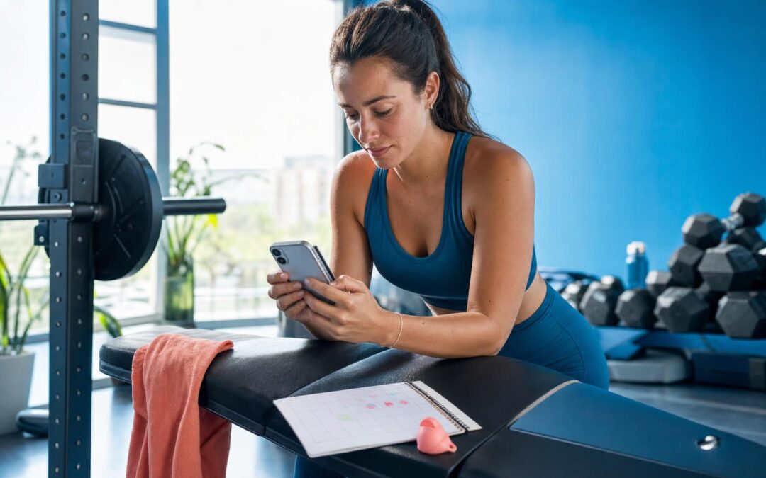Vrouw noteert na krachttraining haar sets en herhalingen in een lichte sportschool