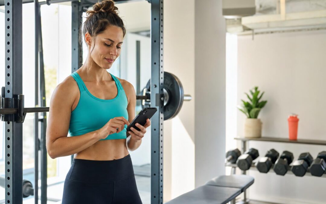 Vrouw kiest de volgorde van haar krachttraining in de sportschool