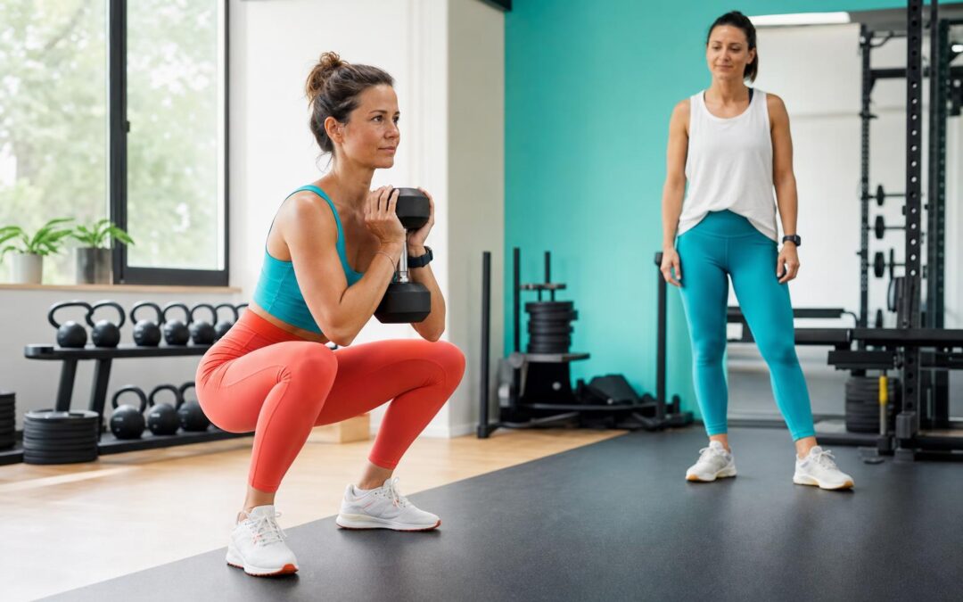 Beginner die gecontroleerd een goblet squat met dumbbell uitvoert in de sportschool